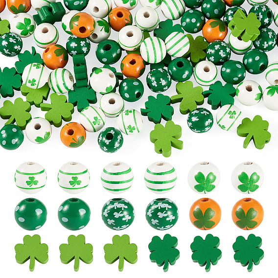 80Pcs 8 Styles Printed Wood European Beads, Saint Patrick's Day Beads, Clover Pattern