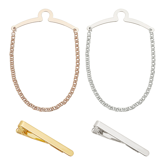 Brass Tie Clip, with Hanging Chains Collar Pins Tie Clips, Rectangle
