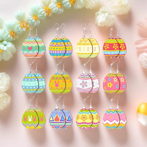 Акриловые серьги-подвески с пасхальным принтом, яйцо с узором, платина