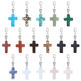 16 шт. подвесные украшения из натуральных и синтетических драгоценных камней, Сплав с застежками когтя омара, крестик