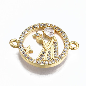 Brass Micro Pave Clear Cubic Zirconia Link Connectors, with Shell, Cadmium Free & Nickel Free & Lead Free, Flat Round with Woman