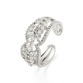 Brass Micro Pave Cubic Zirconia Cuff Rings, Leaf Open Rings for Women, Long-Lasting Plated