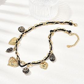 304 Женские подвески-нагрудники с подвеской в виде сердца из нержавеющей стали и черного акрилового цветка