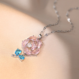 304 Подвеска из нержавеющей стали в виде цветка розы глубокого небесно-голубого и розового цвета с фианитами, цепочка с рифленой поверхностью для женщин