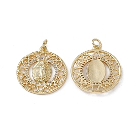 Brass Clear Cubic Zirconia Pendants, with Jump Ring, Flat Round with Virgin Mary Charms