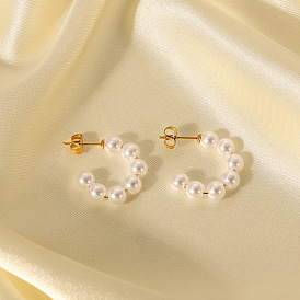 Minimalist 20mm Pearl C Hoop Earrings in 18K Gold Plated Stainless Steel for Women