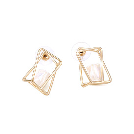 Geometric Pearl Metal Stud Earrings for Women with 3D Effect and European Style