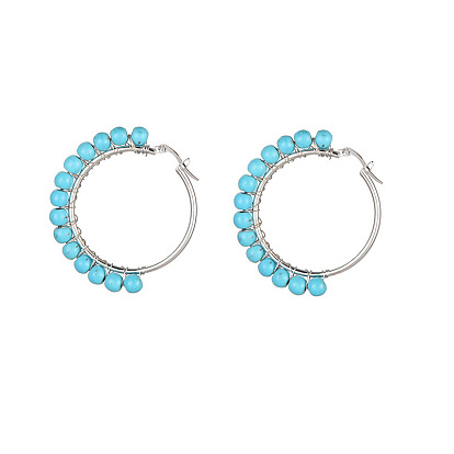 Серьги-кольца из нержавеющей стали и синтетической бирюзы в виде ронделей