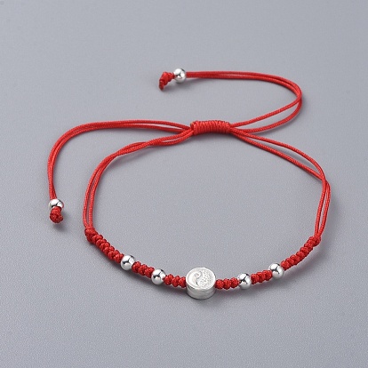 Nylon réglable bracelets cordon tressé de perles, bracelets ficelle rouge, avec des perles d'argent sterling 925, sac en velours et tissu de polissage argenté, plat et circulaire avec yin yang