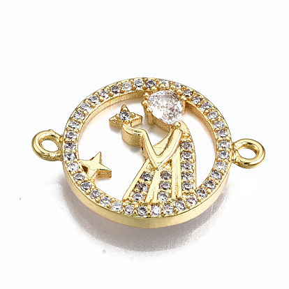 Brass Micro Pave Clear Cubic Zirconia Link Connectors, with Shell, Cadmium Free & Nickel Free & Lead Free, Flat Round with Woman
