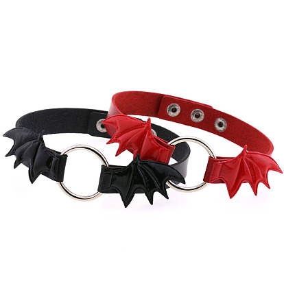 Unique Punk Bat Wing Leather Collar Necklace with Circular O-Ring and Lock Chain for Statement Style