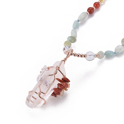 Natural Gemstone Pendant Necklaces, with Natural Mixed Stone Beads, Natural Quartz Crystal and Brass Findings, Tree