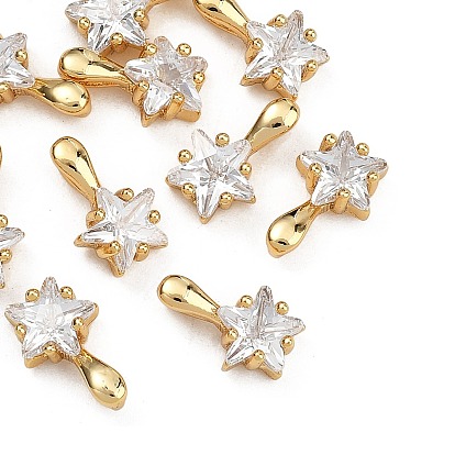 SHEGRACE Brass Clear Cubic Zirconia Charms, Cadmium Free & Nickel Free & Lead Free, Star Charms