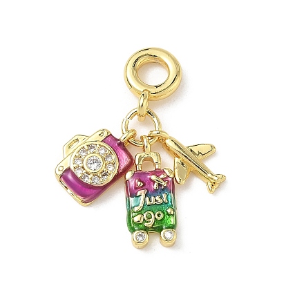 Латунные подвески из прозрачного кубического циркония в европейском стиле, подвески для багажа с большим отверстием в виде камеры, самолета и тёмно-розовой эмали