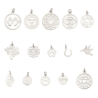 15 pcs 15 style 304 pendentifs en acier inoxydable, formes mixtes