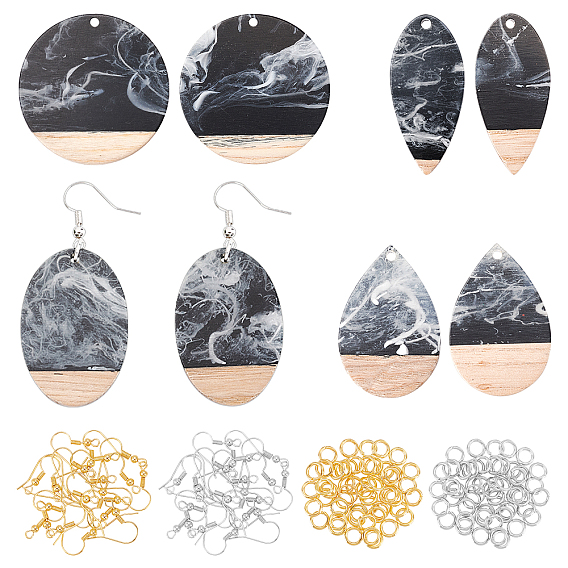DIY Earring Making, with Opaque Resin & Walnut Wood Pendants, Two Tone, Brass Earring Hooks and Open Jump Rings