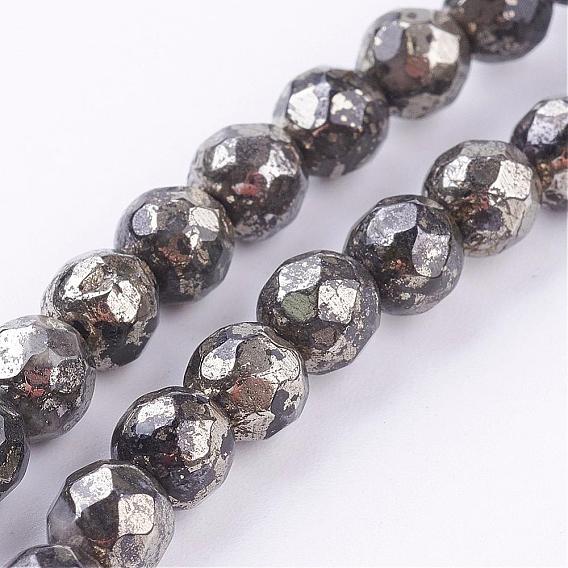 Natural Pyrite Beads Strands, Round, Faceted