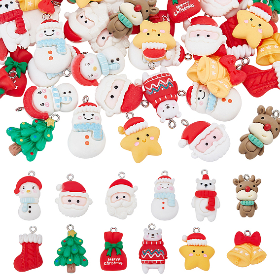 72Pcs 12 Styles Christmas Theme Opaque Resin Pendants, Mixed Shapes, with Platinum Iron Loop