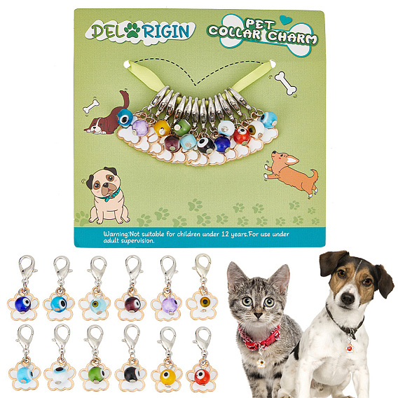 12 шт. 12 стили, принт лапы, сплав эмали, подвеска для домашних животных, украшения, с круглыми бусинами лэмпворк ручной работы от сглаза и застежками-когтями из цинкового сплава