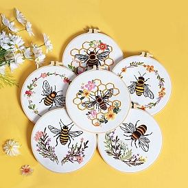 DIY Flower & Bee Pattern Embroidery Kits for Starter, Including Printed Fabric, Embroidery Thread & Needles, Embroidery Hoops, Instruction