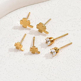 3 Pairs Elegant Stainless Steel Clover Stud Earring Sets, with Clear Cubic Zirconia