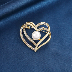 Heart Alloy Rhinestone Brooches for Women, with Plastic Pearl
