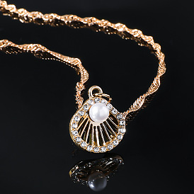 Ожерелья из сплава с кристаллами и стразами в форме ракушки для женщин, с имитацией жемчуга, белые