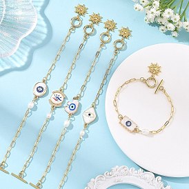 Alloy Evil Eye Enamel & Brass Paperclip Chains Link Bracelets, Brass Sun Charm Bracelets, Mixed Shapes