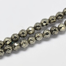 Natural Pyrite Round Beads Strands, Faceted, Grade A
