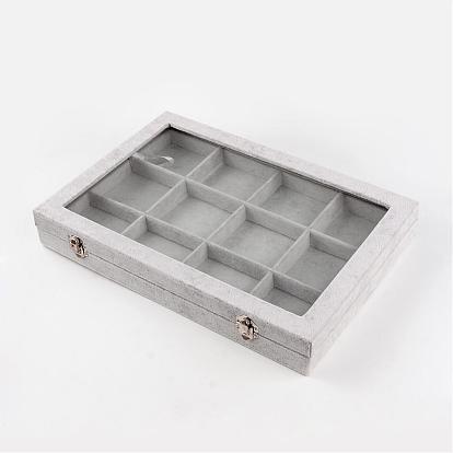 Velvet and Wood Display Boxes, with Glass, 12 Grids with Lid Jewelry Display Boxes, Rectangle