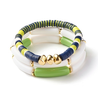 Opaque Chunky Acrylic Curved Tube Beads Stretch Bracelets, Nuggets CCB Plastic Beads Bracelets, Handmade Polymer Clay Heishi Beads Surfering Bracelets for Women
