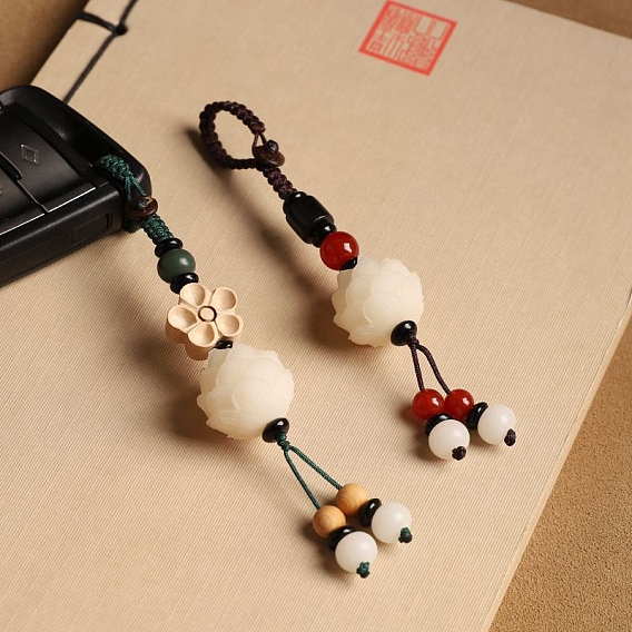 Резные украшения в виде цветка лотоса бодхи, деревянные бусины подвесные украшения, для украшения зеркала заднего вида автомобиля