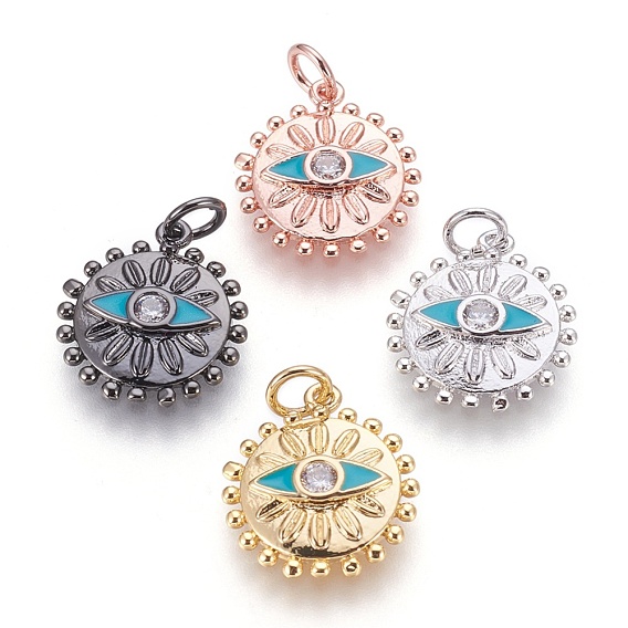 Латунные подвески, с эмалью и фианитами, плоские круглые с глаз
