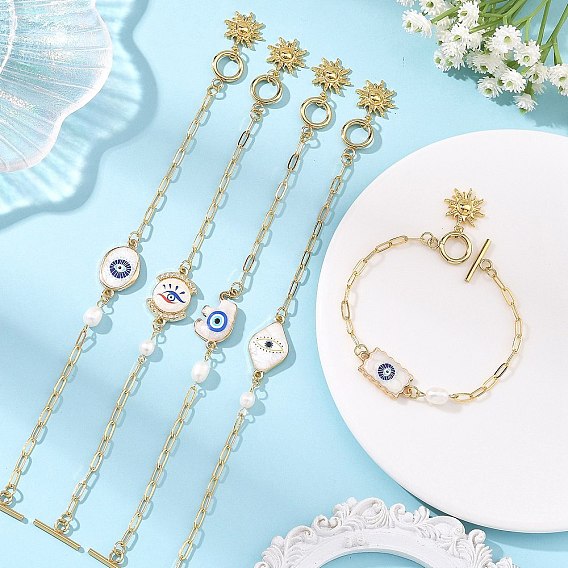 Alloy Evil Eye Enamel & Brass Paperclip Chains Link Bracelets, Brass Sun Charm Bracelets, Mixed Shapes