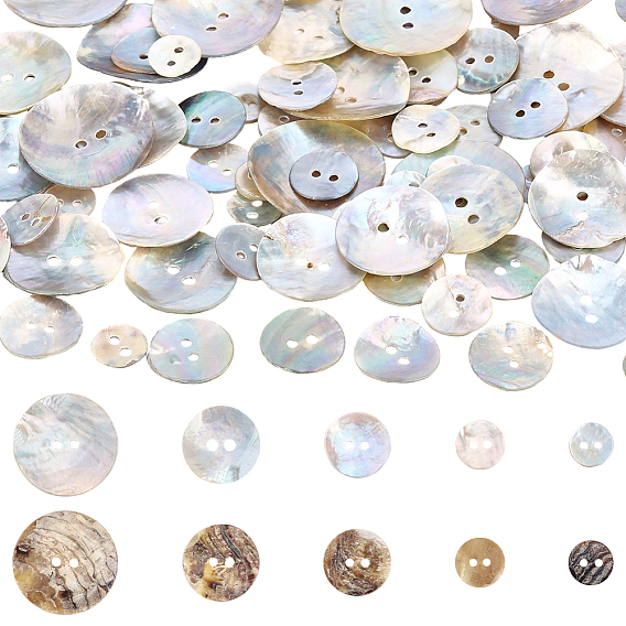 100шт. 5 стили, натуральные пуговицы из ракушек, 2-луночное, плоско-круглые