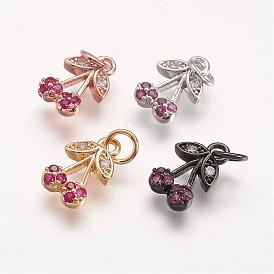 Brass Micro Pave Grade AAA Cubic Zirconia Charms, Cherry, Cadmium Free & Nickel Free & Lead Free