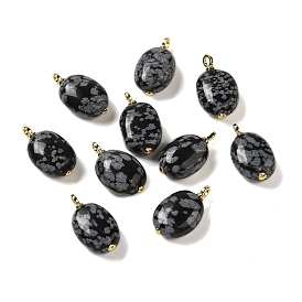Natural Snowflake Obsidian Pendants, Oval Charms with Rack Plating Brass Loops, Long-Lasting Plated