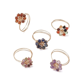 Flower Natural Gemstone Rings, Copper Wire Wrapped Ring for Women