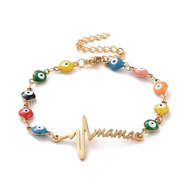 Vacuum Plating 304 Stainless Steel Heart Beat and Word Mama Link Bracelet, Colorful Enamel Evil Eye Chains Bracelet for Mother's Day