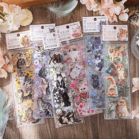 6Pcs 3 Style Waterproof PET Paper Sticker, Self-adhesive, for DIY Albums Diary, Laptop Decoration Cartoon Scrapbooking, Flower with Cat