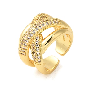 Brass Micro Pave Clear Cubic Zirconia Open Cuff Rings, Wide Band Rings for Women