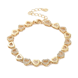 Rack Plating Brass Pave Clear Cubic Zirconia Heart Link Chain Bracelets for Women, Cadmium Free & Lead Free, Long-Lasting Plated