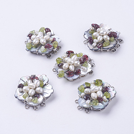 Cierres de caja de concha negra, broches de varias vueltas, flor, con perlas de imitación, fornituras de piedras preciosas y latón, Platino