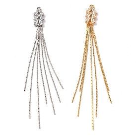 Brass Micro Pave Clear Cubic Zirconia Big Pendants, Leaf Tassel