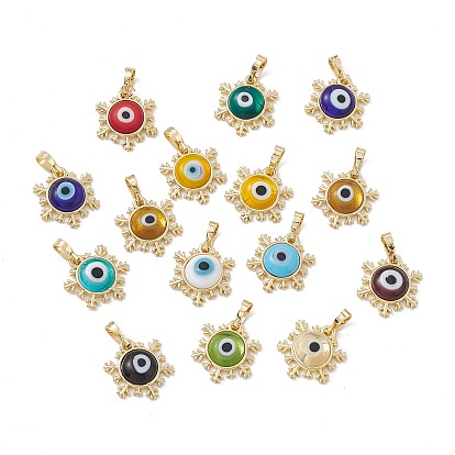 Handmade Evil Eye Lampwork Pendants, with Rack Plating Real 18K Gold Plated Brass Findings, Long-Lasting Plated, Snowflake Charm