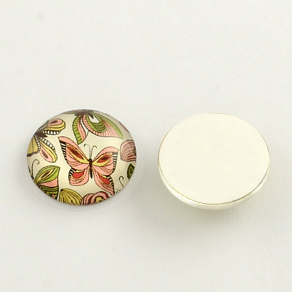 Flatback Half Round Insect and Plants Pattern Glass Cabochons, for DIY Projects