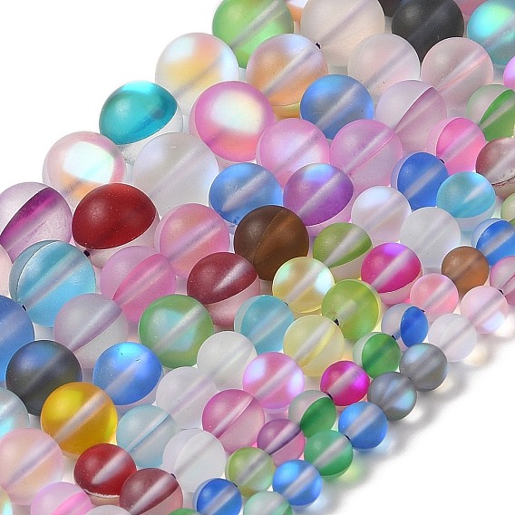 Гальванические нити из синтетических бусин из лунного камня, окрашенные, голографические бусы, с половинным покрытием ab цвета, матовые, круглые