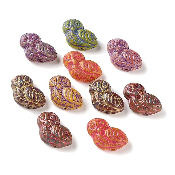 Perles lampwork, perles au chalumeau, faits à la main, chouette, métal doré enlaça
