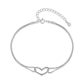 S925 Sterling Silver Double Layer Heart Shape Link Bracelet, Minimalist Design