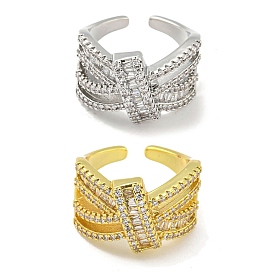 Rack Plating Brass Micro Pave Cubic Zirconia Open Cuff Rings, Criss Cross Rings for Women, Long-Lasting Plated, Cadmium Free & Lead Free